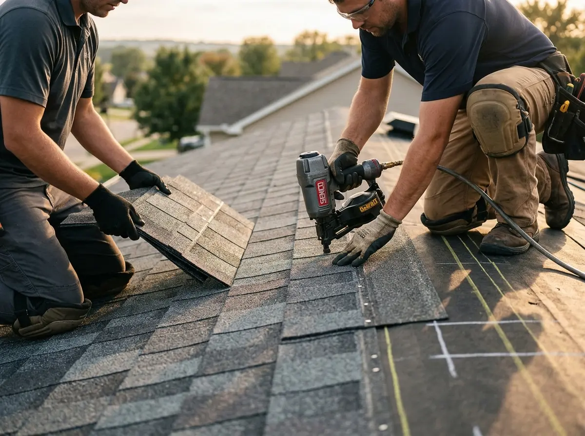 Professional roofer working on a residential roof in Palmdale